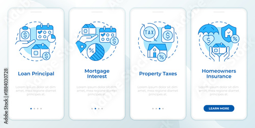 PITI components blue onboarding mobile app screen. Mortgage payment parts. Walkthrough 4 steps editable graphic instructions with linear concepts. UI, UX, GUI. Montserrat SemiBold, Regular fonts used