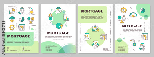 Mortgage green circle brochure layout. Real estate industry. Financial services. Leaflet advertising design with color line icons. Editable 4 pages. Arial-Bold, Myriad Pro-Regular fonts used