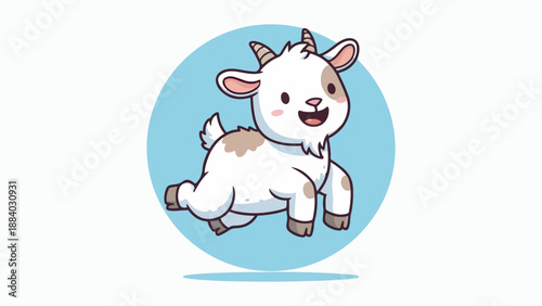A cute cartoon baby goat with white fur and brown spots is joyfully jumping in the air.