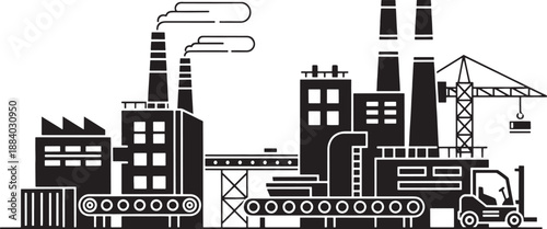 Black and white sketched factory complex with smokestacks conveyor belts and forklift industrial 1