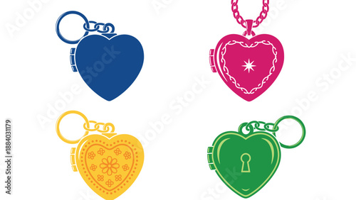 A colorful illustration of heart-shaped keychains on a white background