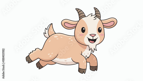 A cute cartoon baby goat with light brown fur and small horns, happily jumping or running on a white background.