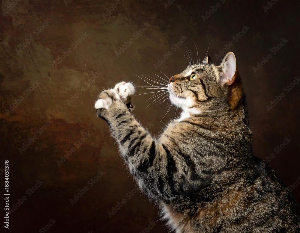 Obraz premium A tabby cat, striking a pose with raised paw, gazing upwards. The background is a textured, earthy-toned canvas