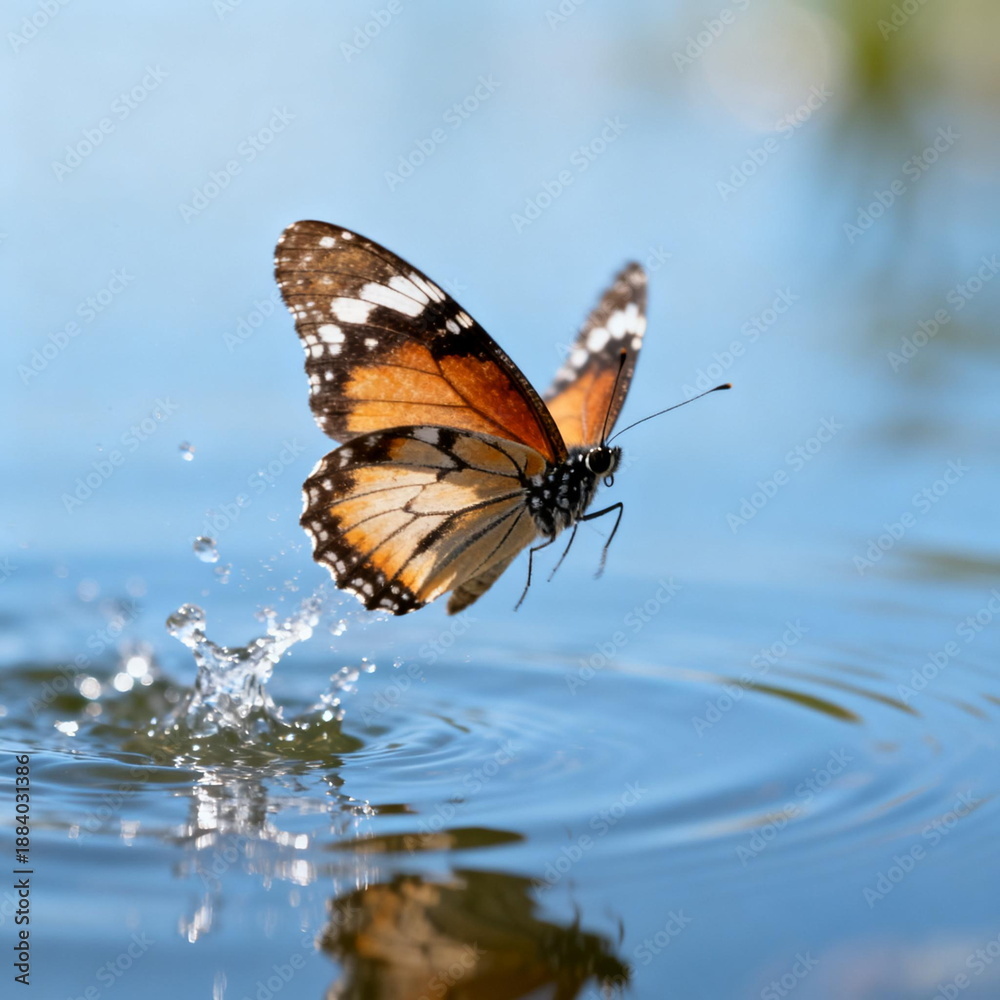 Obraz premium Butterfly Landing on Water Surface Creating Splashes