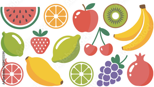 A colorful illustration of various fresh fruits on a white background