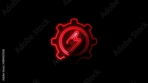 Red Neon Gear With Lightning Bolt Icon On Black Background abstract bright