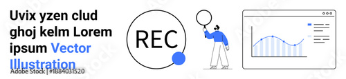 Graph display with rising data points, a man holding a magnifying glass, and a REC icon. Ideal for analytics, statistics, technology, business, research, monitoring simple landing page