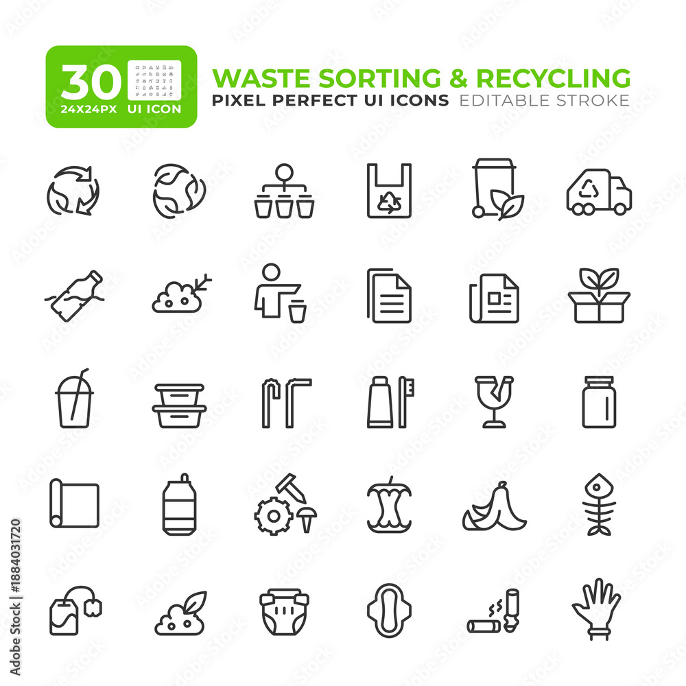 Fototapeta premium Waste recycling process line essential ui icon set. Litter sorting and disposal. Garbage management industry. Isolated vector outline symbols iconography. User interface elements linear, pixel perfect