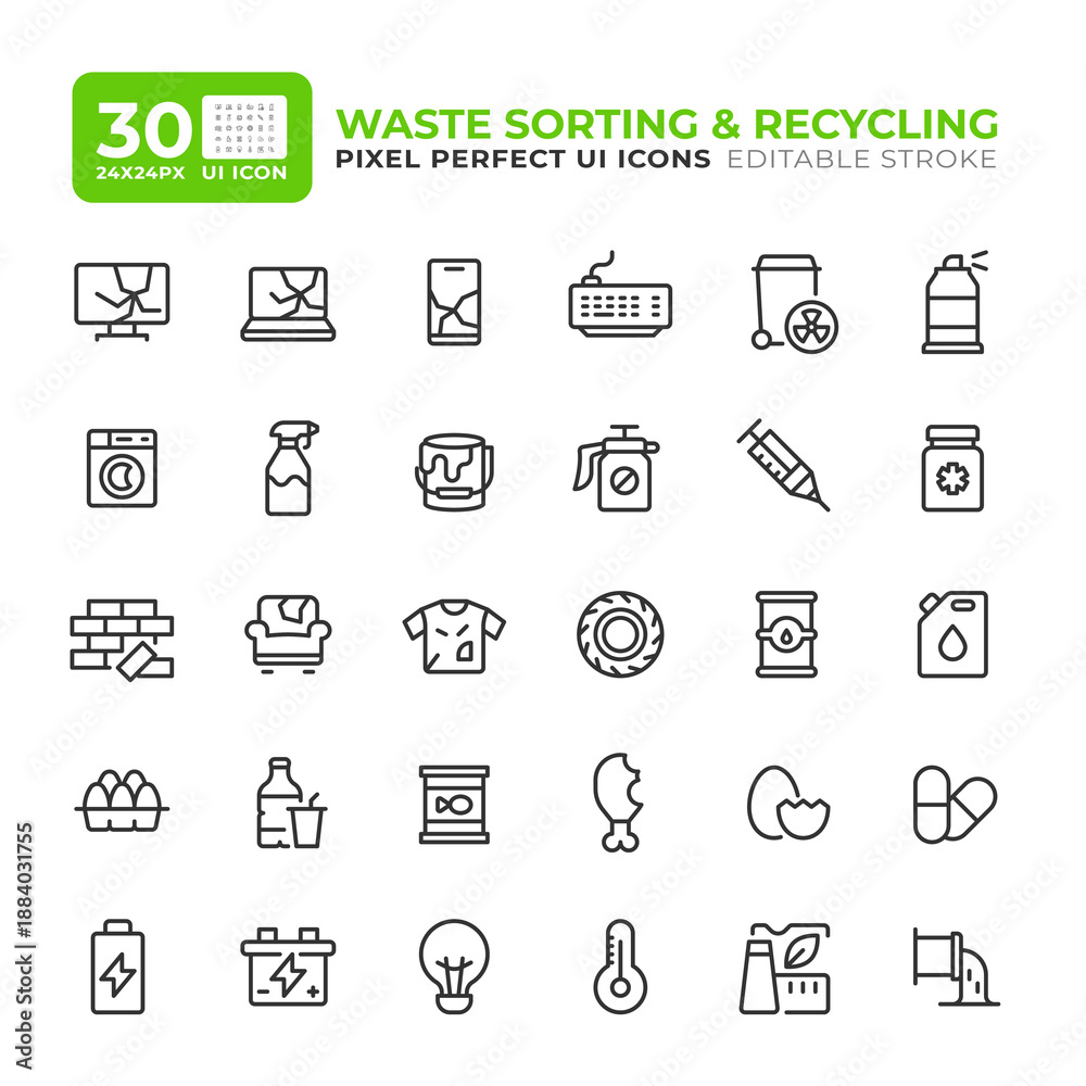 Fototapeta premium Waste management service line essential ui icon set. Litter sorting facility. Garbage disposal technology. Isolated vector outline symbols iconography. User interface elements linear, pixel perfect
