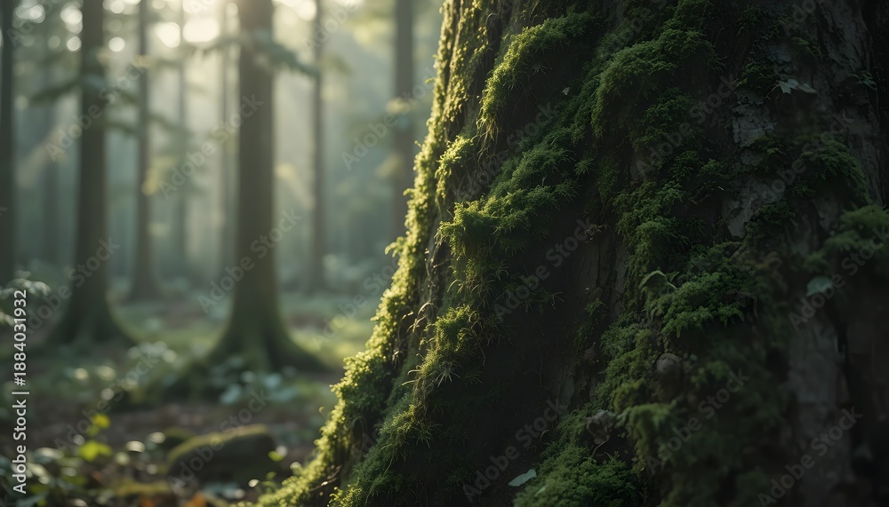 Obraz premium Mossy Tree Bases in Foggy Forest