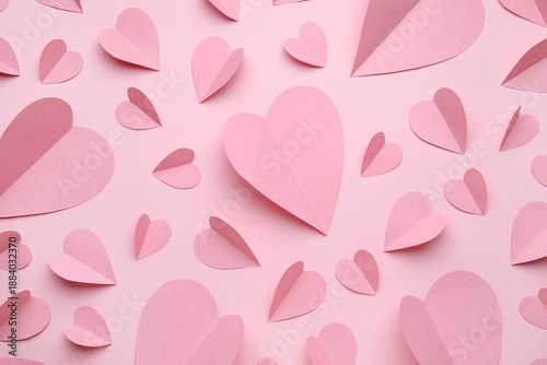 Fotografie Composition with paper hearts on pink background