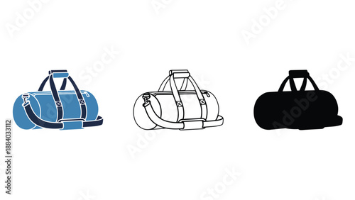 A set of three different colored duffel bags on a white background