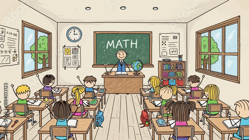 Happy teacher in classroom with students raising hands, math lesson