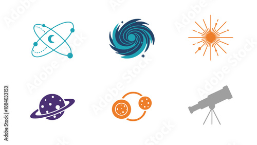 A colorful illustration of astronomy and space related icons and symbols