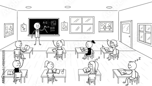 Stick Figure Classroom Scene: Teacher with Students, Learning, and Boredom