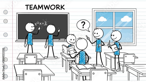 Stick figures collaborating in a classroom, solving math problems together.