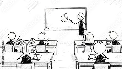 Stick Figures in Classroom: Teacher Instructing Students at Desks with Whiteboard Drawing