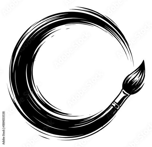 Hand drawn line art illustration of a paintbrush and brush stroke circle depicting a creative process for art and design concepts