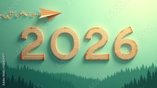 Paper Plane Flying Above Year 2026 Over Forest Background