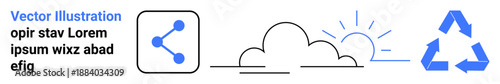 Technology, sustainability, environment, cloud computing, renewable energy, communication. Icon set a share symbol, a recycling symbol and a cloud with the sun. Concept of technology