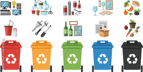 Waste Management and Garbage Recycling Set with Different Colored Bins and Icons for Electronic Plastic Metal Glass Paper and Organic Trash Disposal
