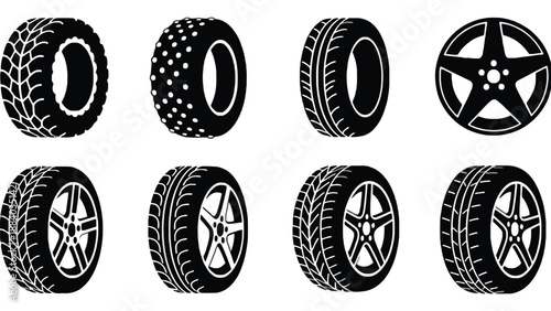A collection of various tire and wheel designs on a white background