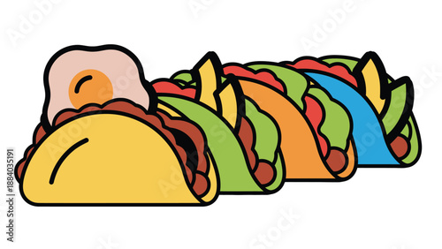 A colorful cartoon illustration of tacos with various toppings and fillings.