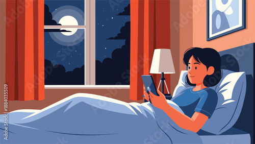 Young woman relaxing in her bed at night while using a digital tablet with a bright full moon visible through the open window.