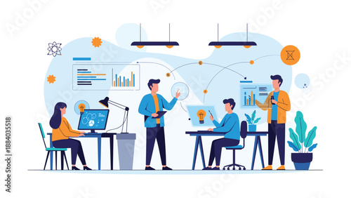 Creative business team collaborating on a project in a modern office space with graphs and brainstorming lightbulb ideas.