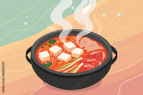 Kimchi Hotpot Tofu Pork Illustrat