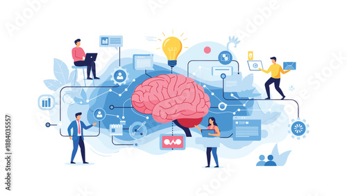 Group of innovative people collaborates around a giant human brain to generate creative ideas and solve complex problems together.