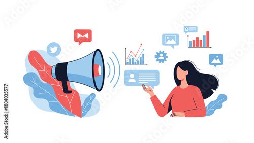 Professional woman manages digital social media marketing and communications through a giant megaphone with floating data icons.