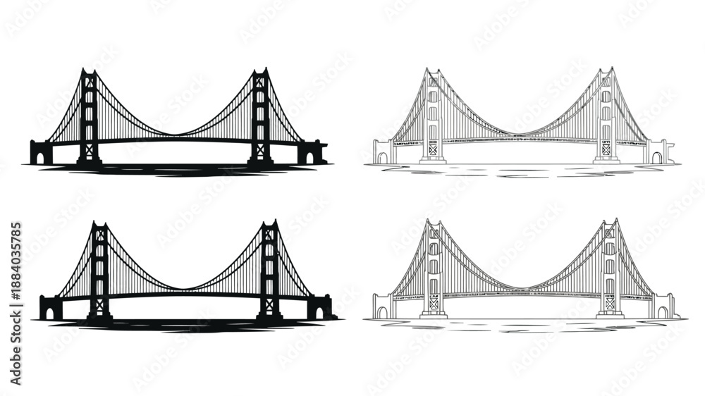 Fototapeta premium a black and white illustration of the golden gate bridge in four different views