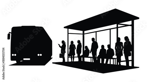 silhouette of a bus and people waiting at a bus stop shelter