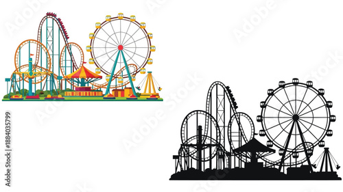 amusement park illustration featuring a rollercoaster ferris wheel and carousel