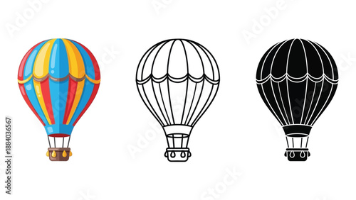 Three hot air balloons are shown in different styles: colored, outline, and silhouette.