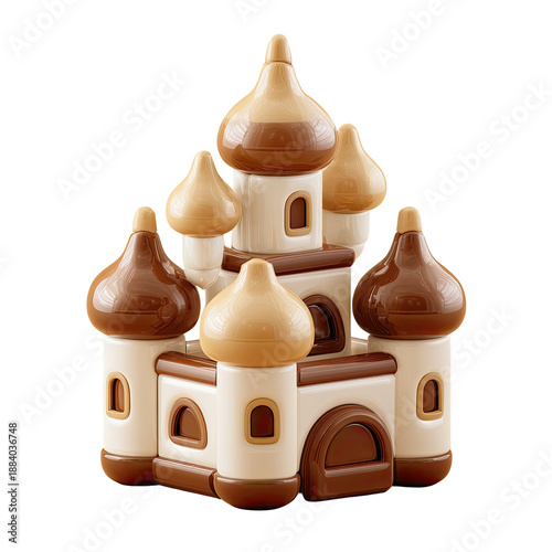 A 3D rendered castle, featuring multiple turrets with bulbous tops in a brown and beige color scheme
