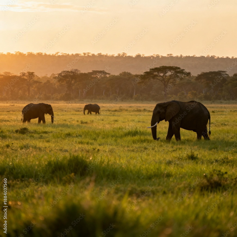 Obraz premium African Elephants Grazing at Golden Hour