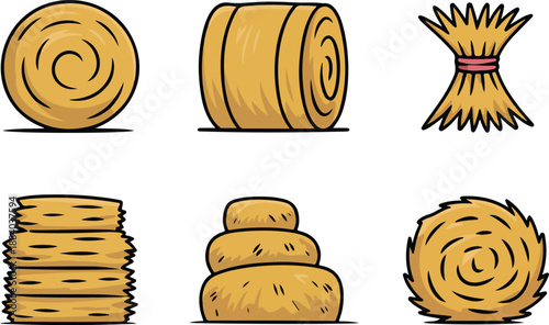 Hay Bale & Straw Bundle Outline Icon Set  Farm Harvest Elements