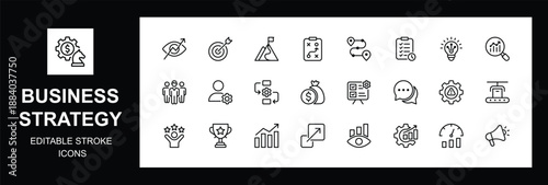 Business Strategy and Planning icon set. Includes icons for Mission, Vision, strategy, Roadmap, and Risk Management. Modern glyph vector symbols for corporate development and success. Editable stroke.