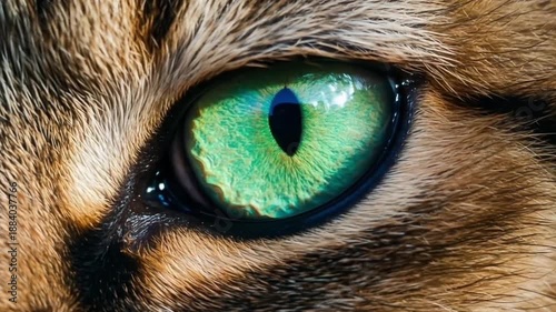 4K Macro Cat Eye Video: Close-Up of Green Iris, Detailed Fur & Reflected Landscape in Pupil