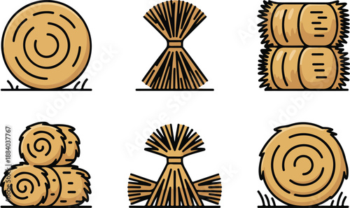Hay Bale & Straw Bundle Outline Icon Set  Farm Harvest Elements