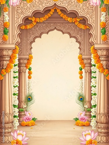 Ornate Indian Wedding Frame Stone Pillar Marigold Garland Watercolor