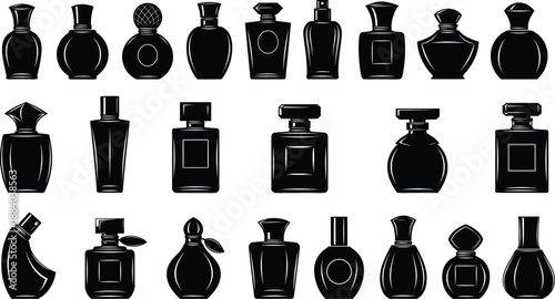 Perfume bottle silhouette collection vector illustration set featuring elegant fragrance containers in black shape style for cosmetic and beauty design