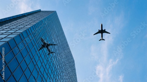 Modern glass office building exterior with two airplanes flying in clear blue sky, reflecting business and aviation themes perfectly together in harmony.