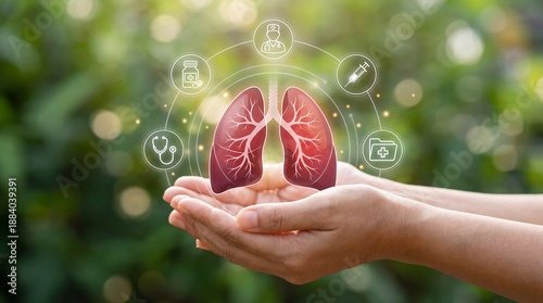 Human lungs and medical icons symbolize healthcare and wellness in a person's hand, representing respiratory health and medical attention for lung care and treatment options.