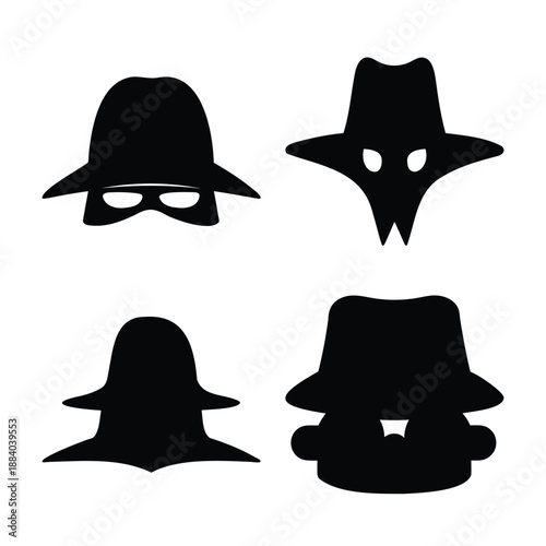 Collection of mysterious spy and detective hat silhouettes and masked figures