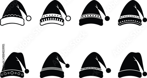 Santa hat silhouette collection vector illustration set featuring black Christmas caps in different styles for festive winter holiday design use