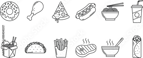 Fast food outline icon set vector illustration featuring snacks, meals, and beverages in minimal line style for restaurant and menu design