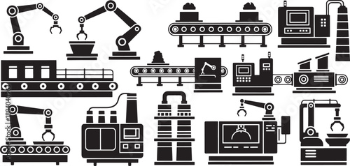 Collection of black industrial factory machines and robotic arms robot arm conveyor belt